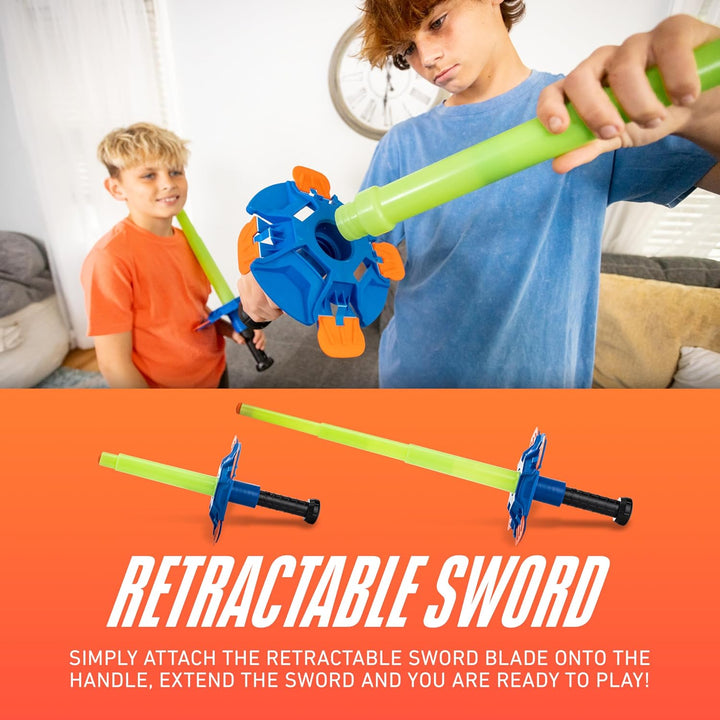 Nerf Duel Swords Set - Retractable Swords with Glow in the Dark Feature - Integrated Knockdown Targets - Kids Fencing Game, Green, Blue, Orange