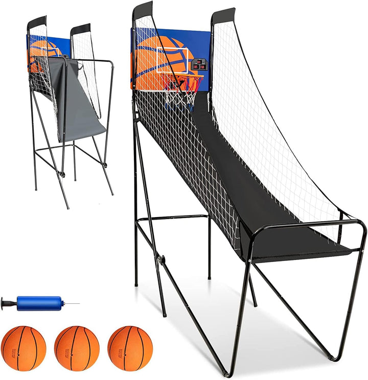 Electronic Basketball Game, Single Basketball Shootout with LED Scoreboard, 3 Basketballs & Pump, Easy Folding for Storage, Indoor Basketball Arcade Game for Kids Adults
