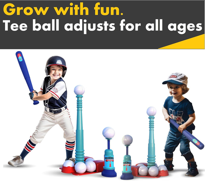 T Ball Stand for Kids and Toddlers 1-3, 3-5, 5-8. Baseball Set with 6 Large Balls, Adjustable Tball Batting Tee, and Pitching Machine. T-Ball Sets with Bat and Ball