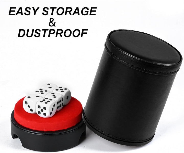 Dice Cup Leather Set with Lid, Felt-Lined PU Leather Quiet Shaker for Yahtzee Farkle Dice Board Games, Set of Six 16Mm Dice Included