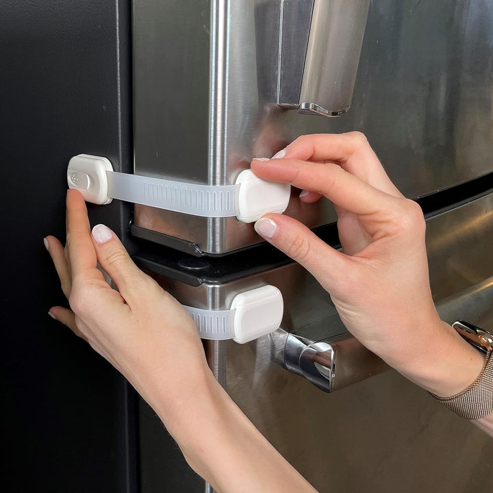 6 Pack  Multi-Use Adhesive Straps Locks - Childproofing Baby Proofing Cabinet Latches for Drawers, Fridge, Dishwasher, Toilet Seat, Cupboard, Oven,Trash Can, No Drilling (White) (6)
