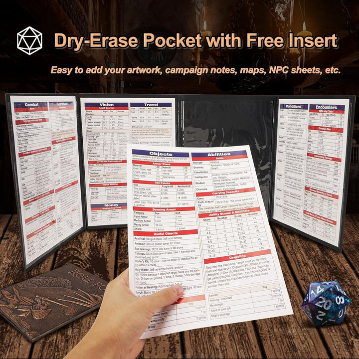 DND DM Screen 5E, D&D Dungeon Master Screen 3D Faux Leather 4 Panel Game Master Screen with Customizable Inserts - Dungeons and Dragons GM RPG Accessories Gift for Men or Women