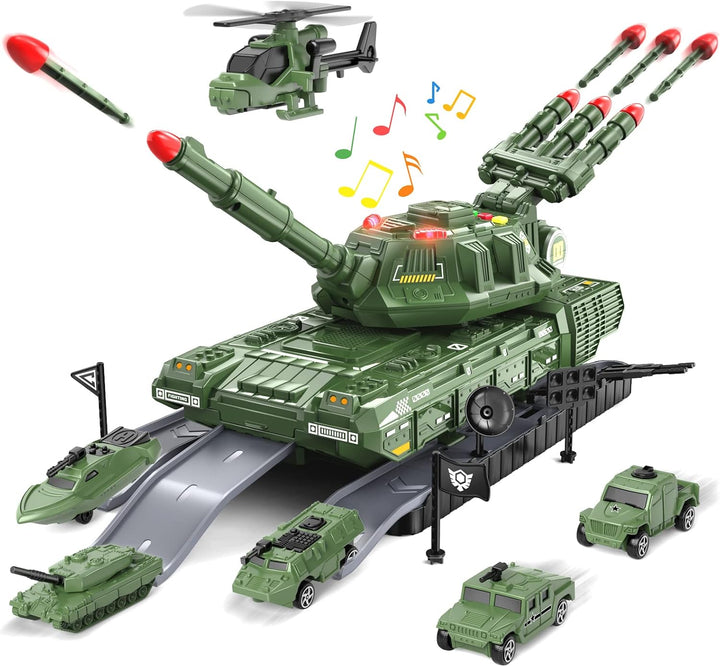 Tank Toys for 3 4 5 6 7 8 Year Old Boys - Army Toys Tank with 6PCS Alloy Die-Cast Army Vehicles, Kids Military Tank with Light, Sound & Missiles Shooting, Christmas Birthday Gift for Kids