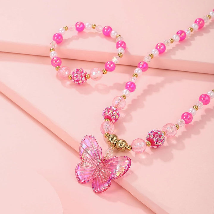 3 Sets Princess Jewelry for Little Girls, Handmade Butterfly Kids Jewelry Set, Stretch Necklace Bracelets, Perfect for Dress Up, Birthday Parties, and Costume Play