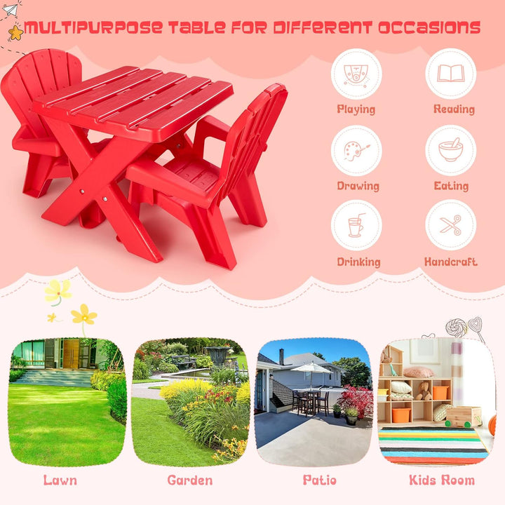 Kids Outdoor Table & Chair Set, Toddler Play Table with 2 Adirondack Chairs, 3 Pcs Kids Backyard Furniture, Stackable Design for Saving Space, for Beach, Garden, Lawn (Red)