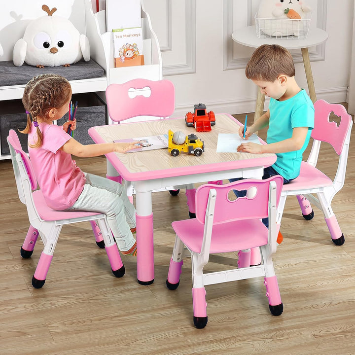 Modern Kids Table and 4 Chair Set,23" Height Adjustable Toddler Table and 4 Chairs with Non-Slip Desk Legs&Organizer Graffiti Desktop,Multi-Function Tables for Kindergarten/Living Room(Pink