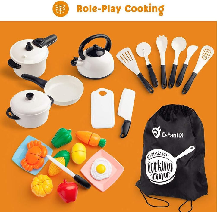 Kids Pretend Play Kitchen Accessories Set, Toddlers Pots and Pans Cookware Playset, Kids Cooking Toys with Utensils, Knife, Cutting Food Kitchen Playset for Girls and Boys Age 2 3 4 5 6 7