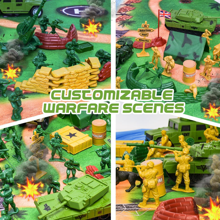 Army Men Playset with Plastic Army Men Action Figures, Military Toys with Mat, Toy Soldiers for Boys with Green Tanks, Army Toys for Boys Age 4-8-12