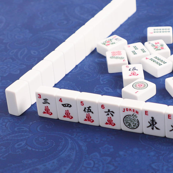 Mahjong Mat, Mahjong Table Mat with Prints & Extra Dice, for Poker, Card, Mahjong, Dominoes Games (Blue, 35 Inches)