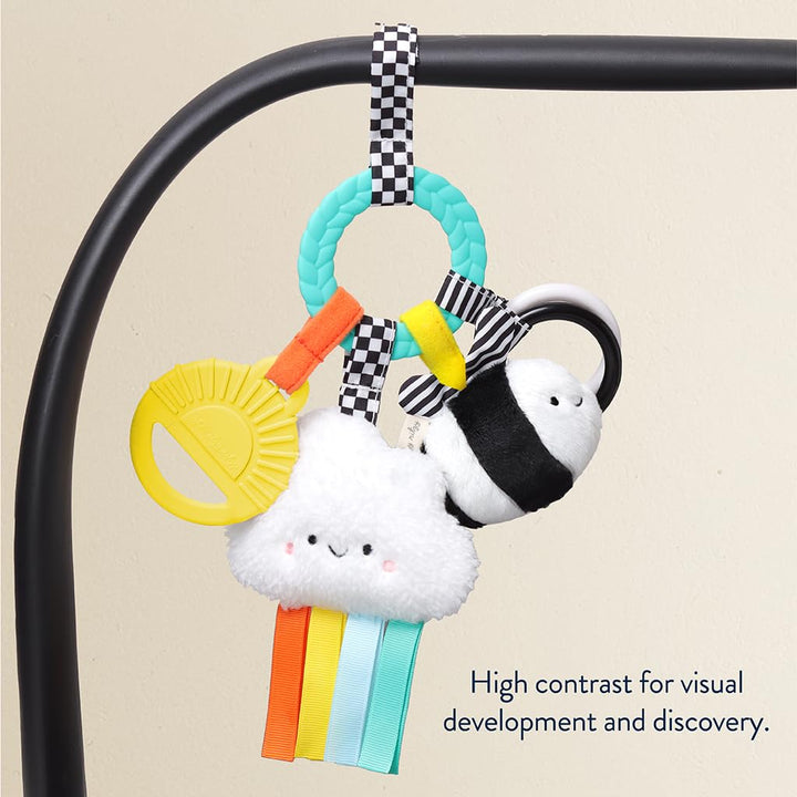 Teething Activity Toy - Bitzy Busy Ring Infant Teething Toy Features Braided Ring & Dangling Toys, Includes Teether, Ribbons, Crinkle Sound & Jingle Bell - 0 Months & up (High Contrast)