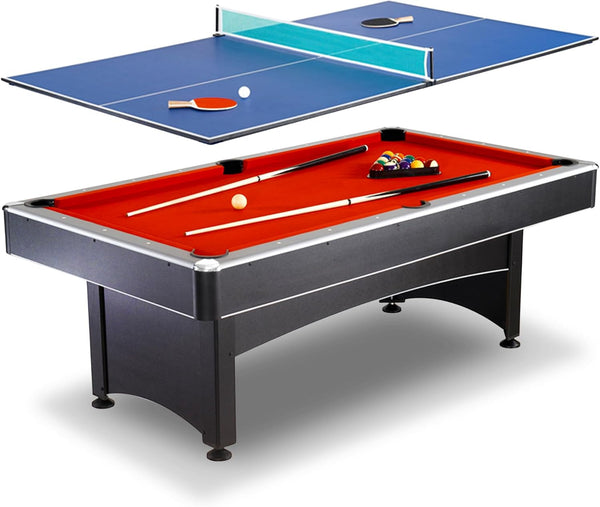 Maverick 7-Foot Pool and Table Tennis Multi Game with Red Felt and Blue Table Tennis Surface. Includes Cues, Paddles and Balls