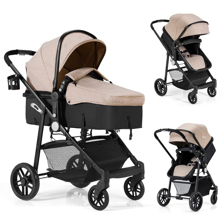 Baby Stroller, 2 in 1 Convertible Carriage Bassinet to Stroller, Pushchair with Foot Cover, Cup Holder, Large Storage Space, Wheels Suspension, 5-Point Harness (Gray)