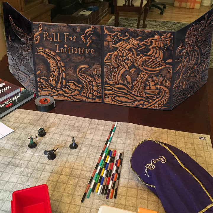 DND Dungeon Master Screen Four-Panel with Pockets, Faux Leather 3D Embossed with Cthulhu - Included DM Screen Inserts and Storage Case