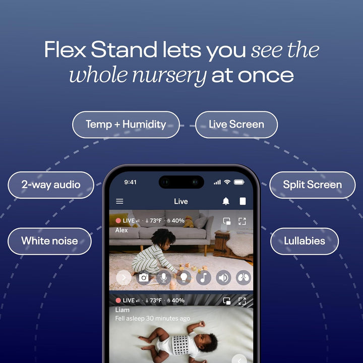 Pro Smart Baby Monitor & Flex Stand - 1080P Wi-Fi Video Camera, Sensor-Free Sleep & Breathing Motion Tracker, 2-Way Audio, Sound/Motion/Cry Notifications, Night Vision, and Breathing Band