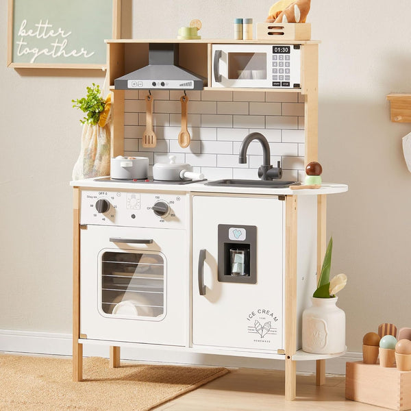Play Kitchen for Kids, Wooden Kids Play Kitchen Playset Chef Pretend Play Set for Toddlers with Real Lights & Sounds, Toys Kitchen with 18 Pcs Toy Food & Cookware Accessories