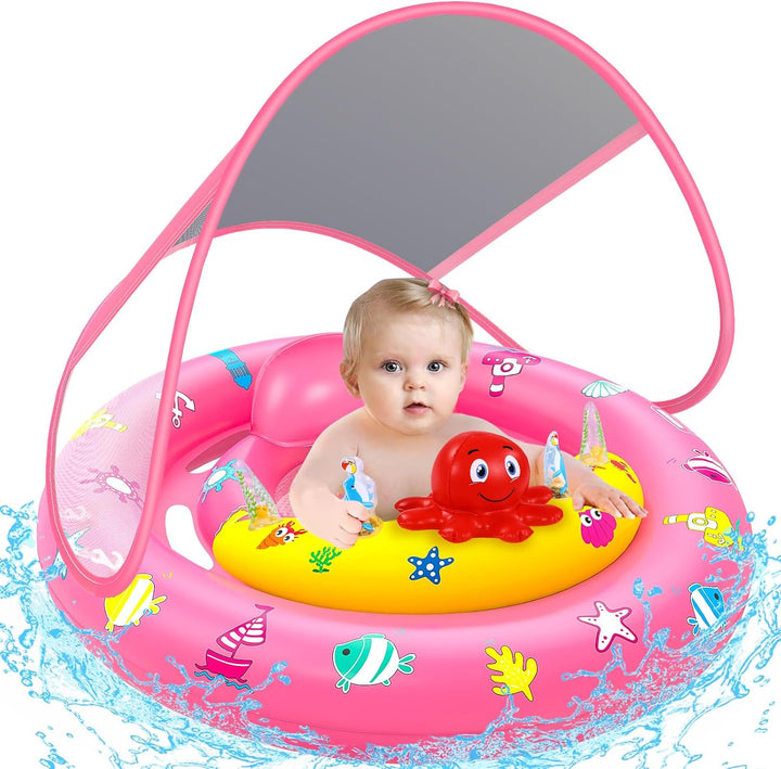 Baby Pool Float with Canopy, Inflatable Baby Swim Float with UPF50+ Sun Protection, Toddler Infant Pool Float with Toy Play Console Adjustable Safety Seat for Kids Girls Boys Aged 6-36 Months
