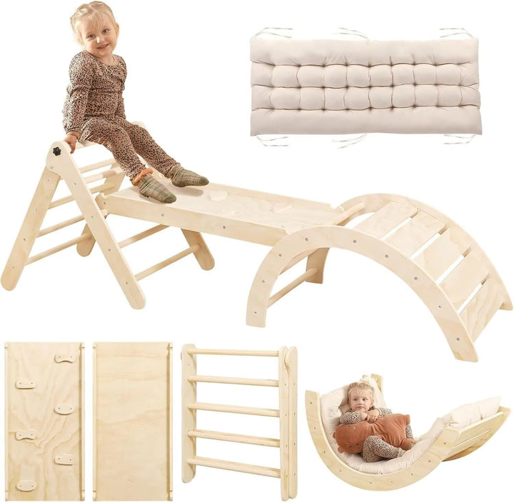 Pikler Triangle Set with Cushion, 7 in 1 Toddler Climbing Toys Indoor, Montessori Foldable Climbing Set, Wooden Climbing Toys for Toddlers 1-3 inside with Ramp, Arch and Ladder (Nature Wood)