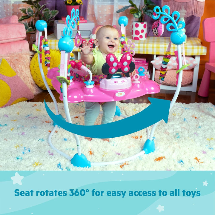 Disney Baby MINNIE MOUSE Peekaboo Baby Activity Center Jumper with 8 Toys, Lights & Sounds, 360-Degree Seat, 6-12 Months (Pink/Blue)