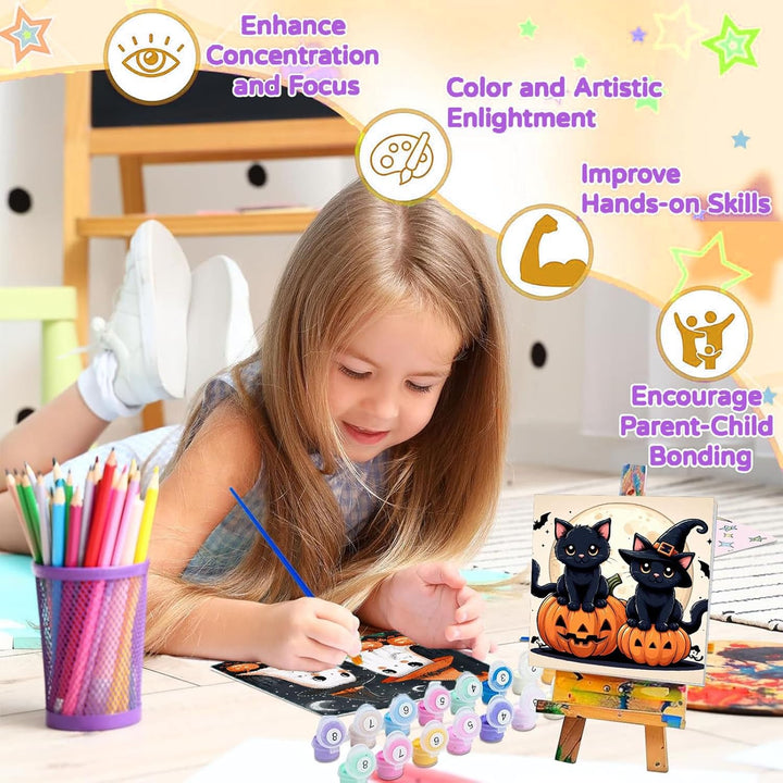 2 Pack Paint by Numbers Kit for Kids with Frame-Wooden Easel, Halloween Paint by Numbers for Kids Ages 4 8 12, Easy Halloween Acrylic Oil Painting Kits for Home Wall Decoration 8X8 Inch