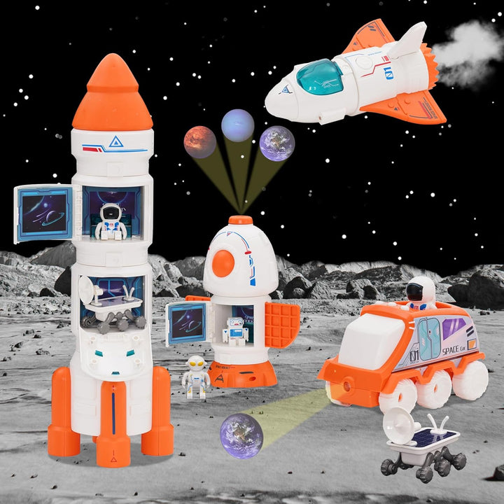 Spaceship Toy Set for Kids, Space Astronaut Play with Lights & Sound and Spray Effect, Interactive Toys, Rocketship Solar System Playset with Rocket Shuttle, Space Station, Space Rover (Orange)