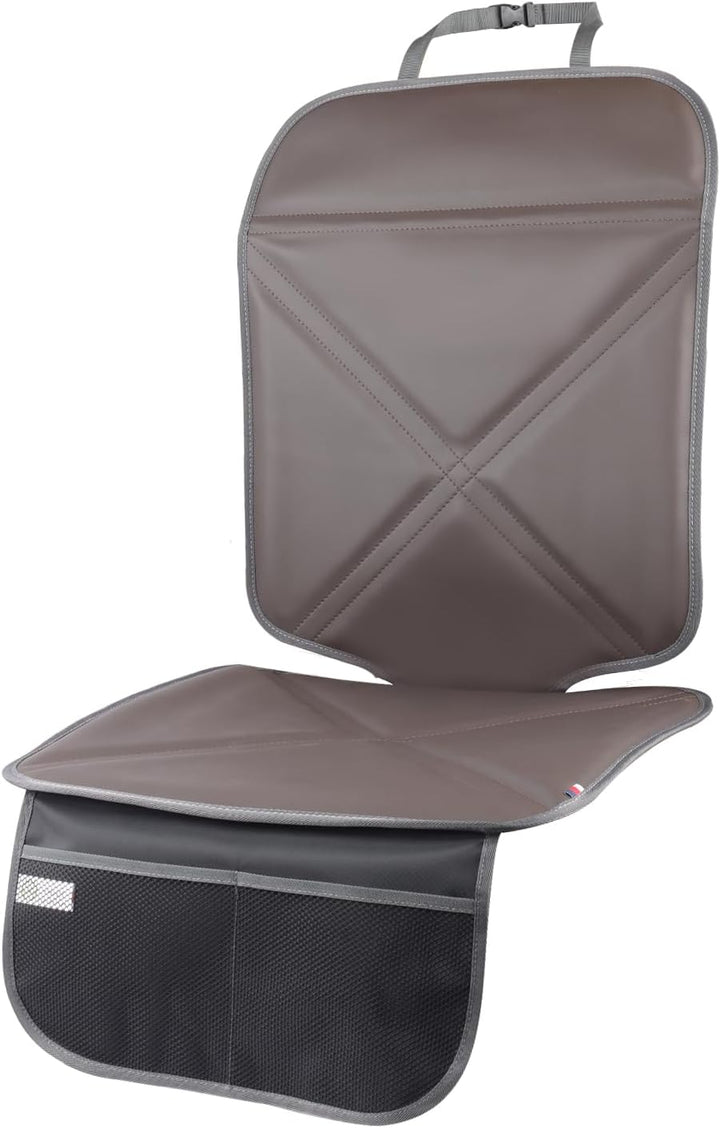 Car Seat Protector Leather Waterproof Child Safety Seat Protector Cover with Thick Pad and 2 Large Pockets Durable Kick Mat for All Auto Seat (Beige)