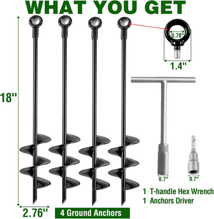 Ground Anchors Heavy Duty, Swing Set Anchor Kit 18 Inch 4 Pack Screw in Earth Anchors Trampoline Stakes High Wind Metal Auger Anchor for Shed Tent Carports Securing Animals Camping Mobile Home