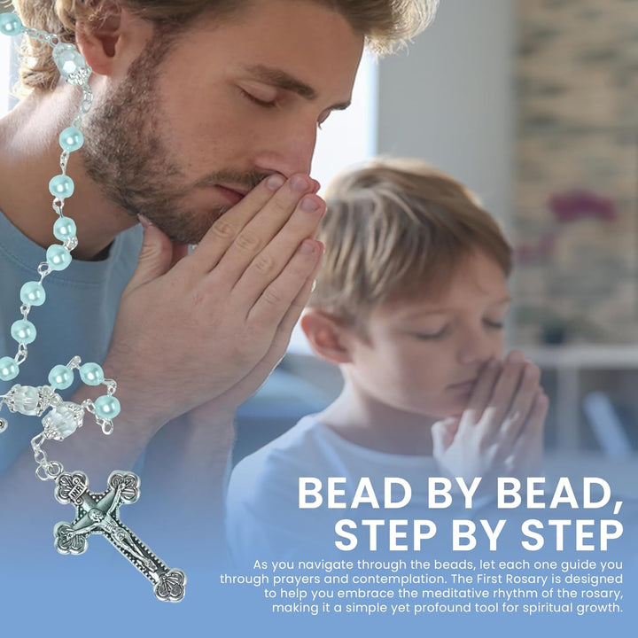 Sweet Treasures Gift – Baptism Gifts for Boys, First Rosary with Ceramic Keepsake Box and Card, Catholic Communion Gift, Christening and Baby Shower Rosary Beads, Blue