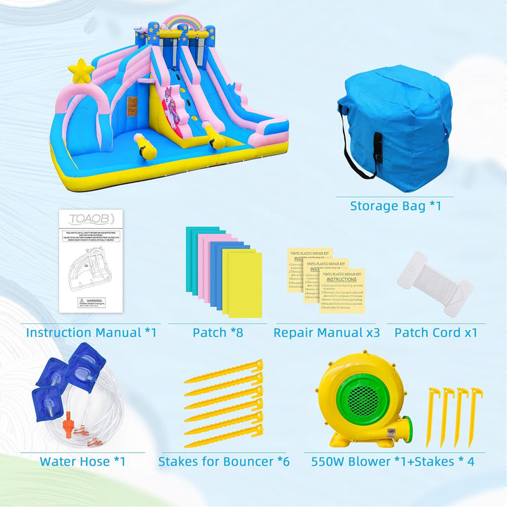Inflatable Water Slide: 6 in 1 Bounce House Water Park for Kids - Climbing Wall Splash Pool 2 Water Cannon 2 Slide Basketball Rim - 550W Blower - for Outdoor Backyard Birthday Party