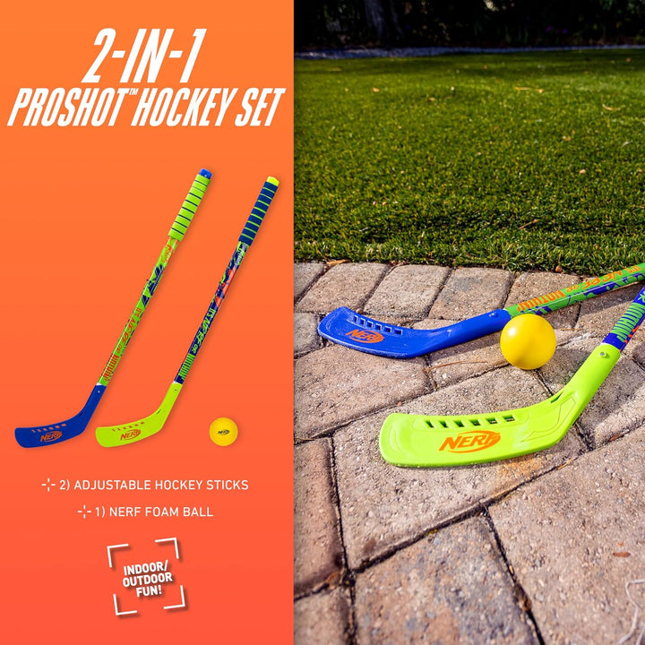 NERF Proshot Kids Hockey Sticks+Ball Set-2 Player Youth Indoor+Outdoor NERF Hockey Set-2 in 1 Knee+Floor Hockey Sticks-(2)Nerf Proshot Youth Hockey Sticks+(1)Foam Hockey Ball Included