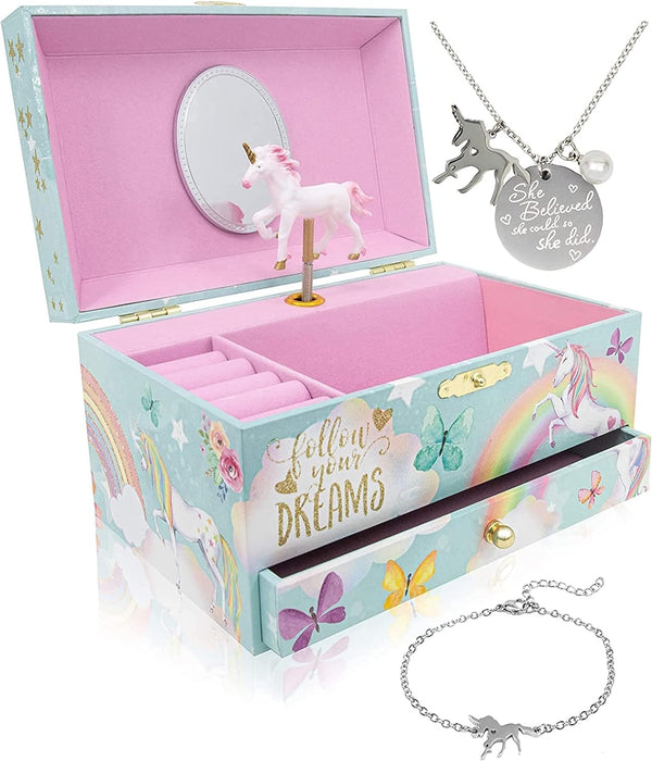 Unicorn Musical Jewelry Box, Classic Melody Storage Organizer Kids Ages 6-12, Wood Construction W/ 2 Compartments