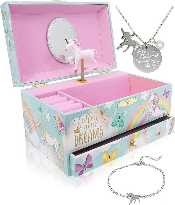 Unicorn Musical Jewelry Box, Classic Melody Storage Organizer Kids Ages 6-12, Wood Construction W/ 2 Compartments