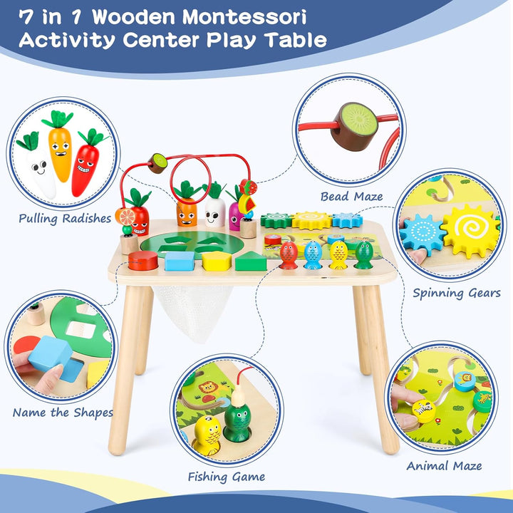 Activity Table for 1+ Year Old Girls Boys, 7-In-1 Wooden Montessori Toys, Activity Center, Baby Toddler Sensory Toys Kids First Birthday Gift