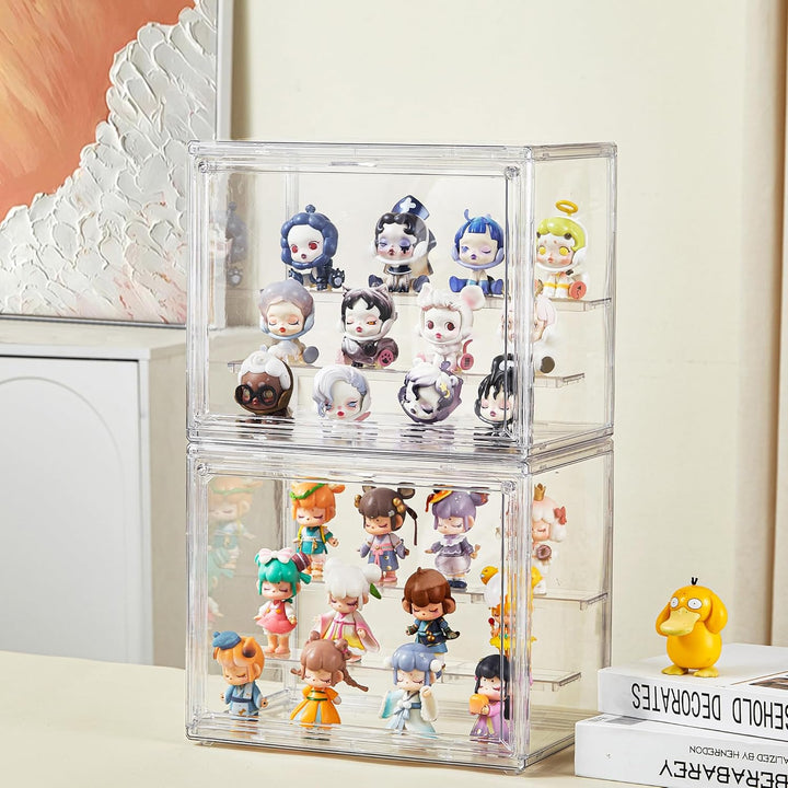 Clear Acrylic Display Case,2 Pack 3 Tier Adjustable Display Box Stand with 2 Movable Plates, Small Showcase Magnetic Door for Mini Action Figures Collectibles (Small