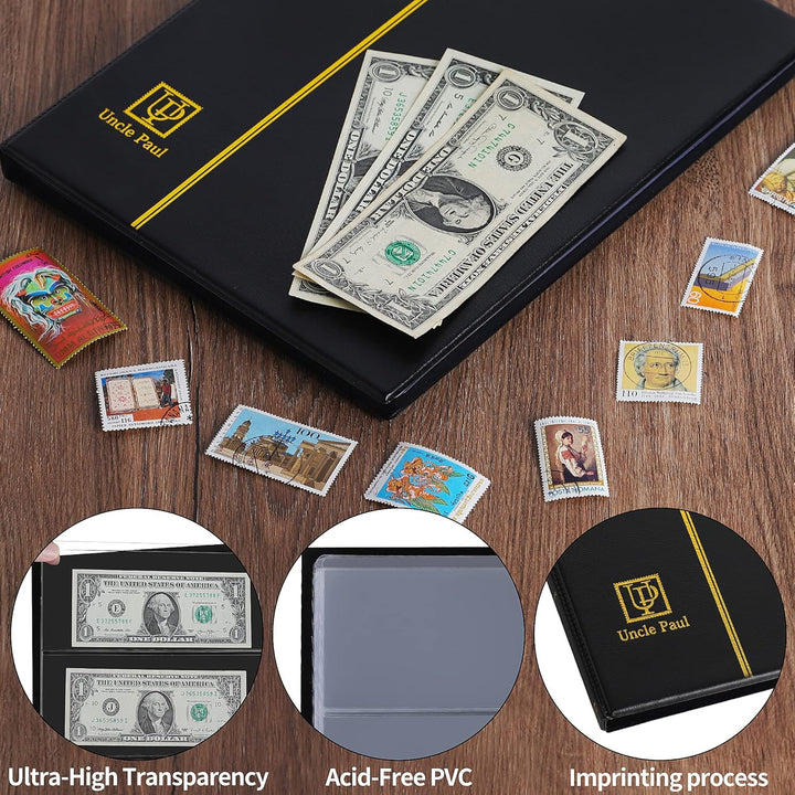 60 Pockets Currency Album-8.3" X 3.3" Banknotes Collecting Holder Leatherette Hard Cover Storage Book with Protective Case for Paper Folding Money Dollars Bills Trading Cards Stamps Collection AN01BK