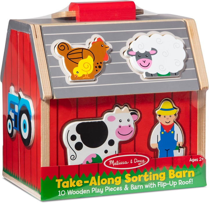 Wooden Take-Along Sorting Barn Toy with Flip-Up Roof and Handle, 10 Wooden Farm Play Pieces - Farm Toys, Shape Sorting and Stacking Learning Toys for Toddlers and Kids Ages 2+