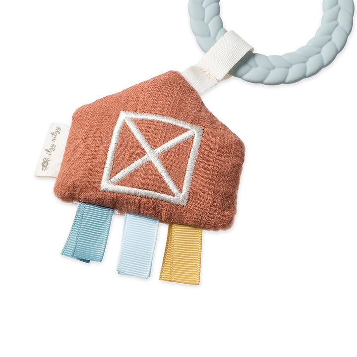 Teething Activity Toy - Bitzy Busy Ring Infant Teething Toy Features Braided Ring & Dangling Toys, Includes Teether, Textured Ribbons, Crinkle Sound & Jingle Bell - 0 Months & up (Farm)