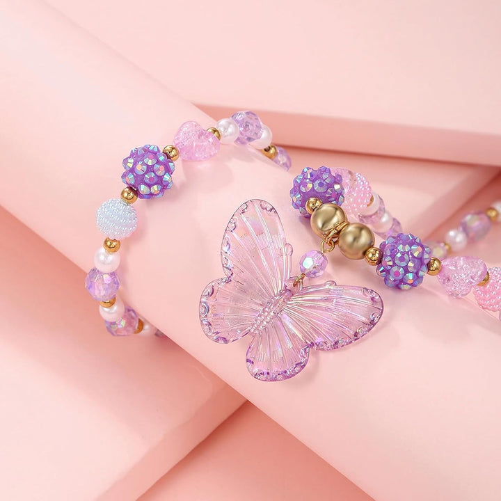 3 Sets Princess Jewelry for Little Girls, Handmade Butterfly Kids Jewelry Set, Stretch Necklace Bracelets, Perfect for Dress Up, Birthday Parties, and Costume Play