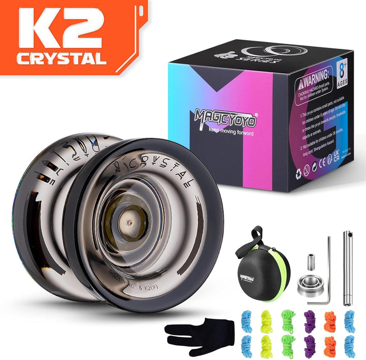 K2 Crystal Black Yoyo Professional, Responsive Yoyo for Kids Beginners with Extra Unresponsive Yo Yo Bearing, Pro Plastic Trick Yo Yo for Adults+12 Stings+Bearing Removal Tool+Storage Bag