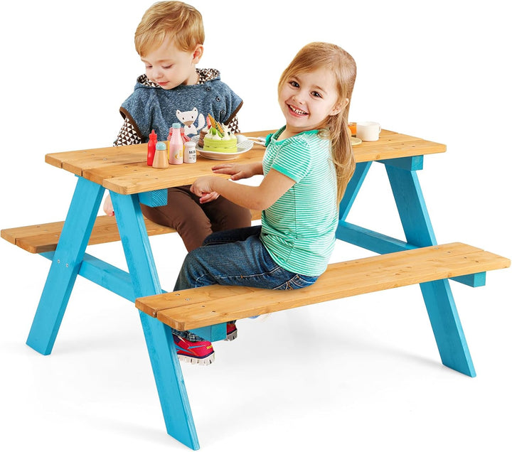 Kids Picnic Table, Acacia Wood Kids Outdoor Table with Benches, Toddler Patio Furniture Set for Backyard, Garden, Lawn, Gift for Boys Girls 3+ (Green)