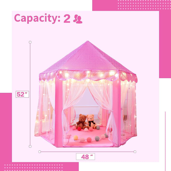 Princess Castle Tent for Girls Fairy Play Tents for Kids Hexagon Playhouse with Fairy Star Lights Toys for Children or Toddlers Indoor or Outdoor Games (Pink)