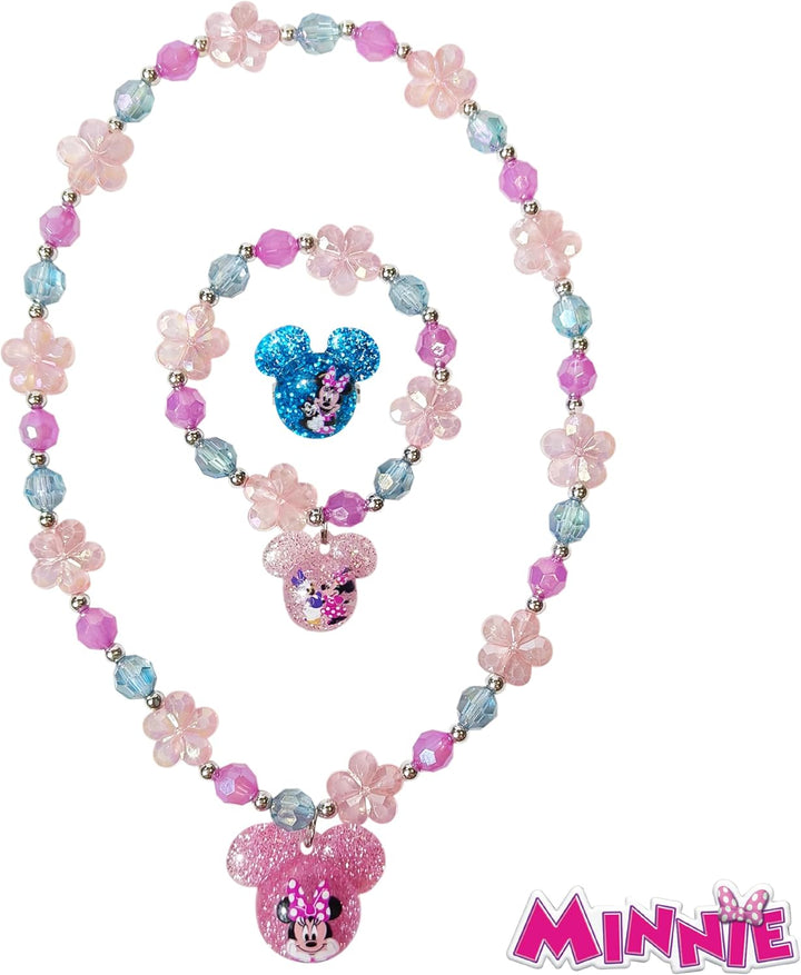 Disney Minnie Girls Jewelry Set - Dress up Toy Jewelry Box Sets with Bead Necklace, Bead Bracelet and Ring - Play Accessories - Ages 3+