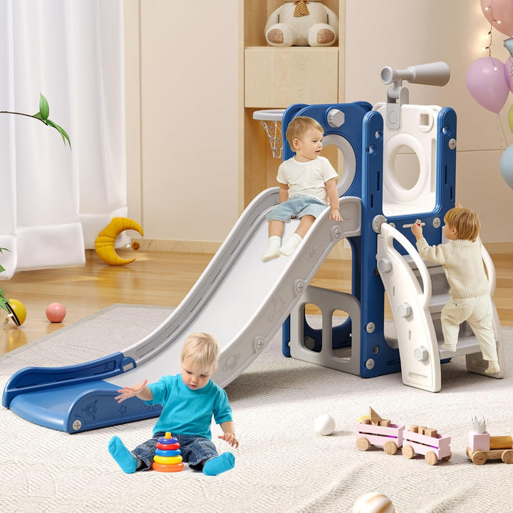 6 in 1 Toddler Playset with Slide,Toddler Slide,Slide for Kids with Basketball Hoop,Ball,Ring Toss,Kids Slide Toddler Playground Toddler Slide Indoor Outdoor Toys