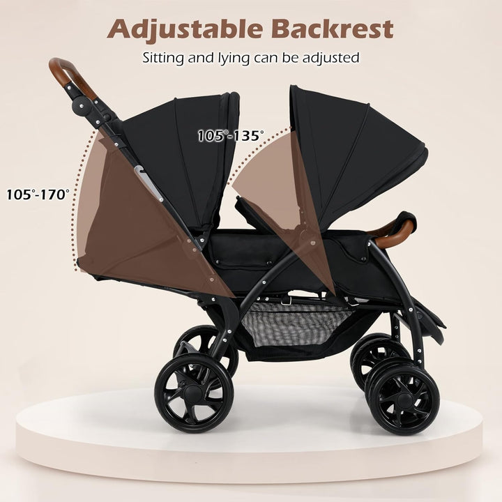 Double Stroller, Foldable Baby Tandem Stroller with Djustable Backrest Canopy Footrest, 5-Point Harness, Storage Basket, Convertible Compact Twin Stroller for Infants and Toddlers