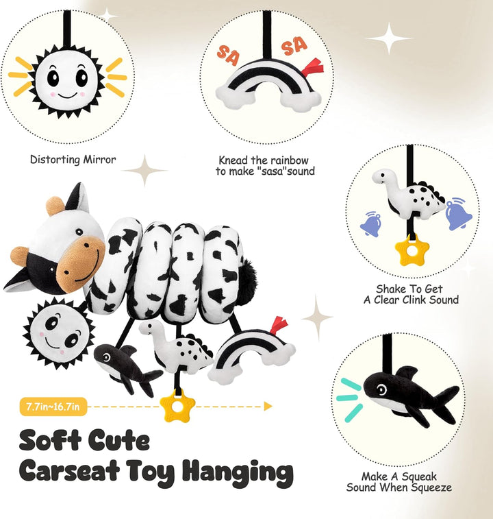 Spiral Car Seat Baby Toys 0-6 Months, Infant Carseat High Contrast Sensory Toys Hanging Stroller Accessories, Newborn Gifts for Baby Boys Girls Essentials, Cute Black and White Cow