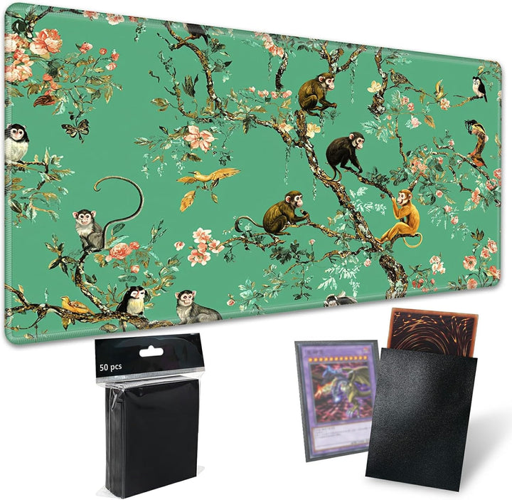 TCG Playmat Board Game Mat plus 50 Pcs Card Sleeves, 24 X 14 Table Mats Game Mousepad with Soft Surface Non-Slip Base for MTG RPG CCG Trading Card Game Playmats, Green Frog