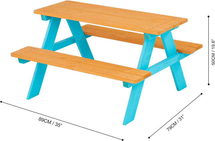 - Wooden Outdoor Child Children Kids Picnic Table & Chair Bench Set - Brown/Aqua