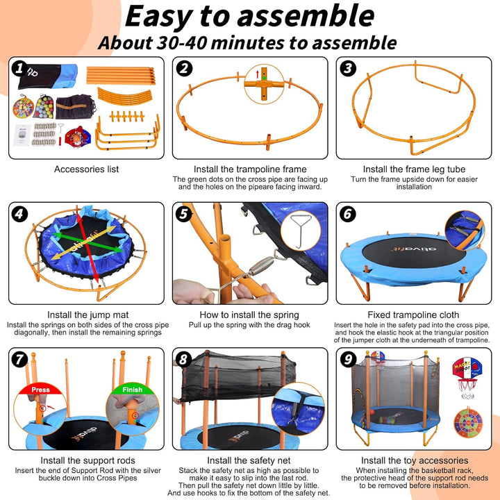 60'' Rebounder Trampoline Indoor Outdoor for Kids Ages 1-8, 5 FT Recreational Toddler Trampoline with Safety Enclosure Net Gifts with Basketball Hoop Dartboard Ocean Bal