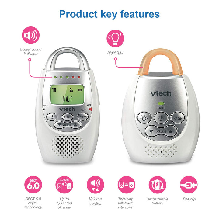 Communications DM221 Audio Baby Monitor with up to 1,000 Ft of Range, Vibrating Sound-Alert, Talk Back Intercom & Night Light Loop, White/Silver