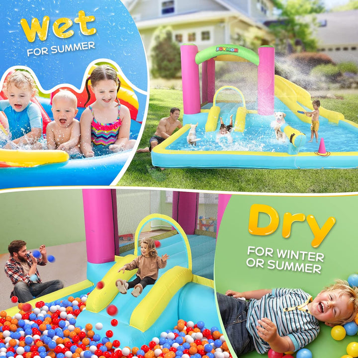 Inflatable Bounce House with Double Water Slide for Kids Toddler Age 3-10, Splash Pool Water Cannons, Ring-Toss Games for Outdoor Backyard Fun Water Toys, Indoor Bouncy Castle with Air Blower