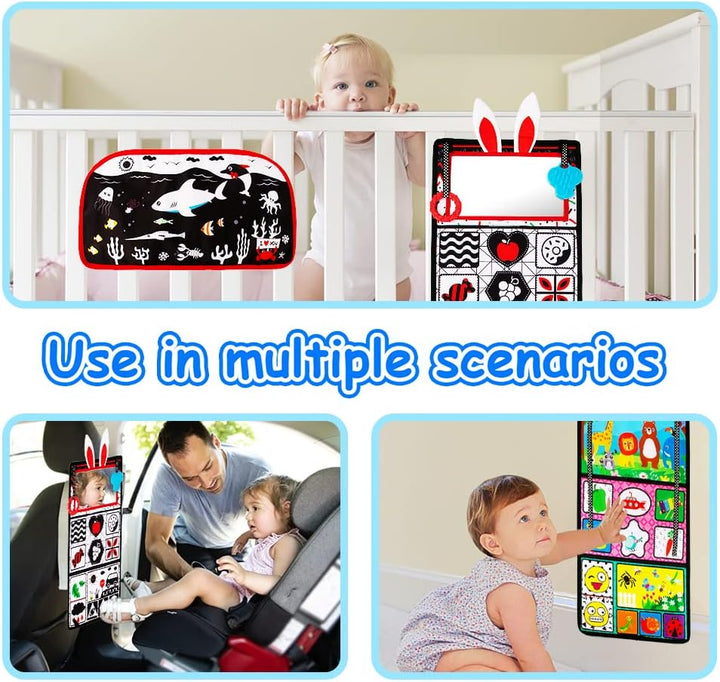 Tummy Time/Baby Mirror Toys, Black and White High Contrast Tabletop Mount Baby Newborn Toys 0 3 6 Months Brain Development, Sensory Texture Piano Infant Toys 0 3 6 Months with Squeaker
